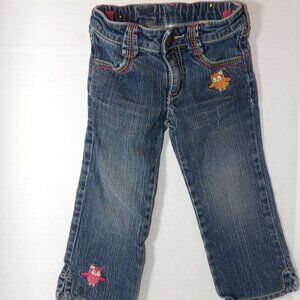 Gymboree sz 2T Girls Blue Denim Jeans Embroidered Owls 2009 Rainbow top stitch